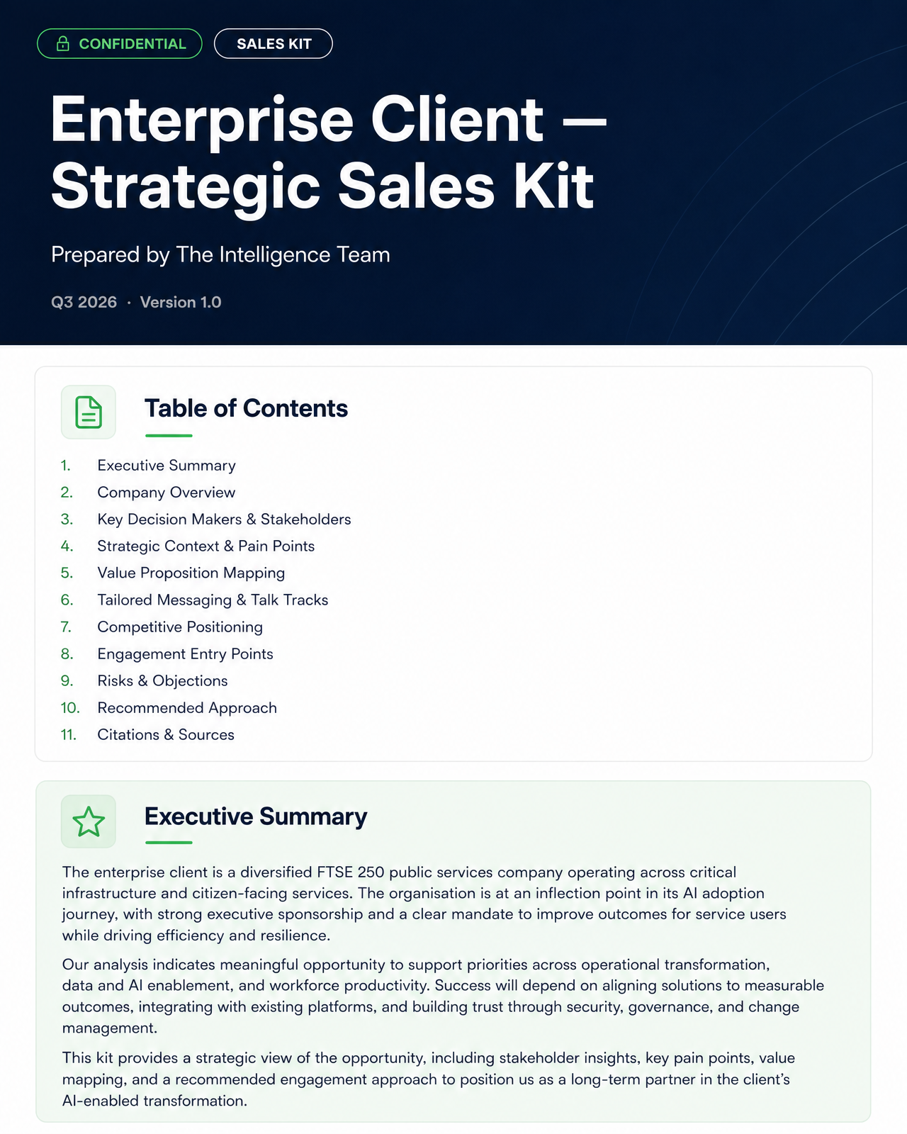 Anonymised Scout Intelligence account report mock-up showing a strategic sales kit with confidential badge, table of contents (Executive Summary, Company Overview, Decision Makers, Strategic Context, Value Proposition, Talk Tracks, Competitive Positioning, Engagement Entry Points, Risks, Recommended Approach, Citations) and an Executive Summary panel.